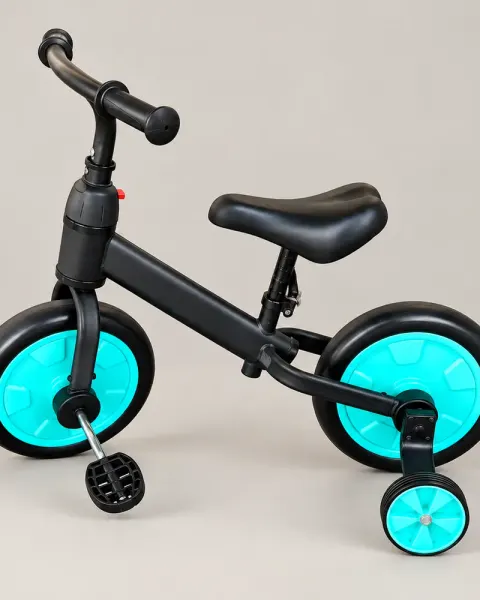 Biciclettina nera con rotelle azzurre per bambini
