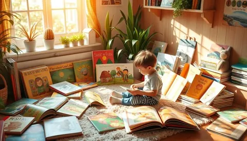 Bambino che sfoglia libri illustrati seduto su un tappeto